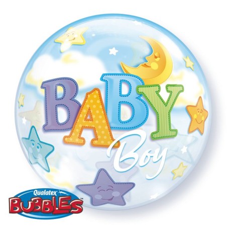 BALLON BUBBLES BABY BOY LUNE ET ETOILES 56 CM