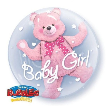 BALLON DOUBLE BUBBLES TEDDY BEAR BABY GIRL 61 CM