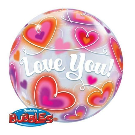 BALLON BUBBLE LOVE YOU AVEC DES COEURS 56 CM