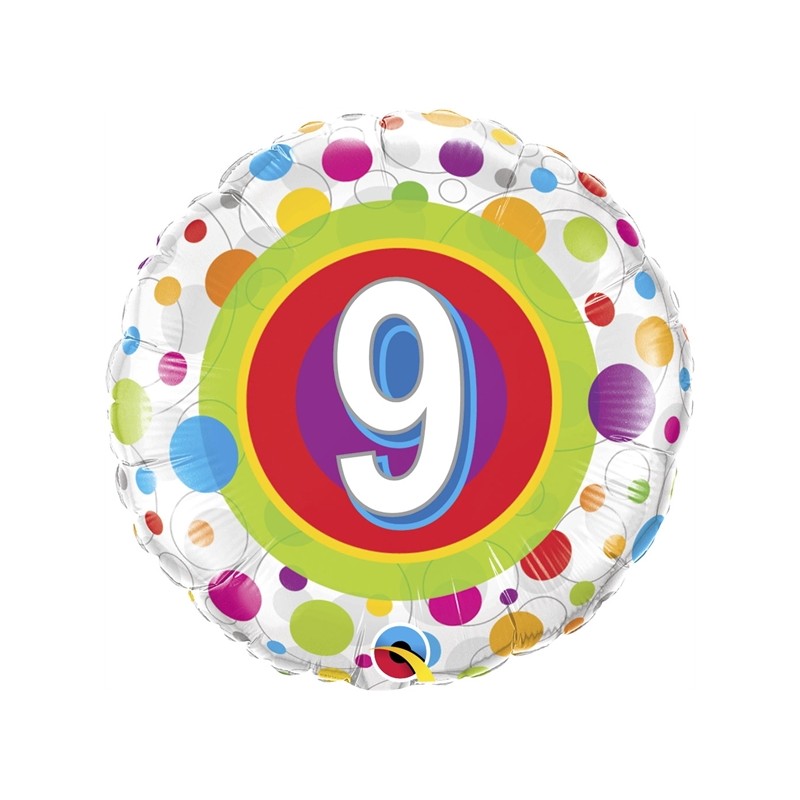 BALLON METALLIQUE ROND CHIFFRE 9 MULTICOLORE 46 CM