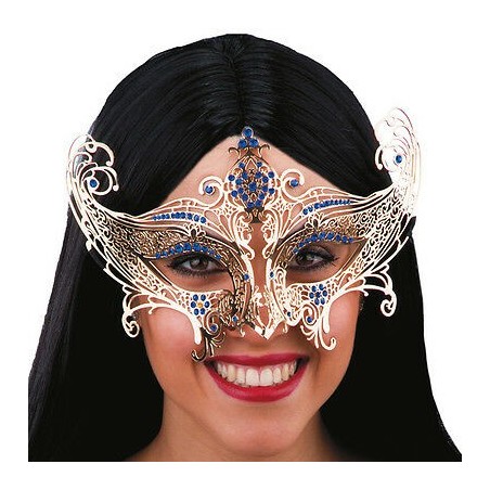 MASQUE LOUP METAL OR STRASS BLEU