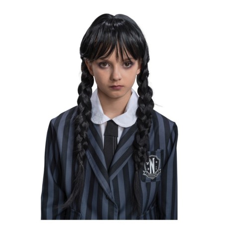 PERRUQUE MERCREDI 2 NATTES NOIRES + FRANGE ENFANT