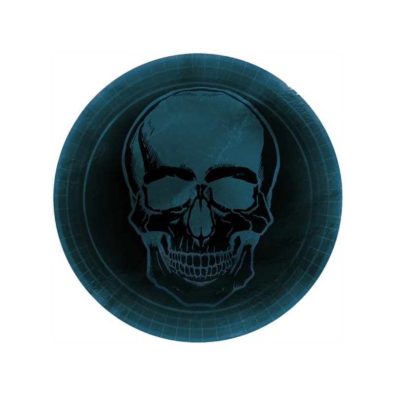 8 ASSIETTES TETE DE MORT SUR FOND BLEU NUIT 23 CM 8 ASSIETTES TETE DE MORT SUR FOND BLEU NUIT 23 CM
