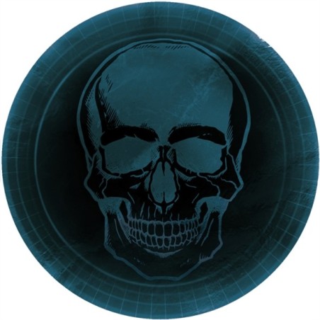 8 ASSIETTES TETE DE MORT SUR FOND BLEU NUIT 23 CM