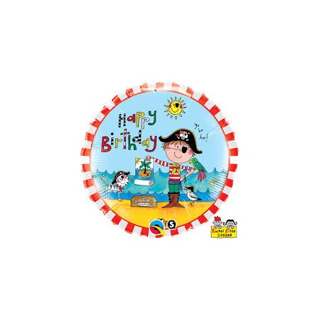 BALLON METALLIQUE ROND RACHEL HAPPY BIRTHDAY PIRATE 46 CM