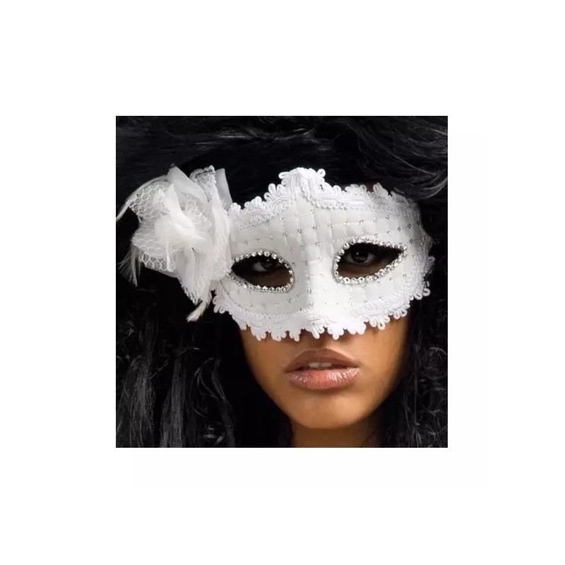 MASQUE LOUP VENITIEN BLANC AVEC FLEUR 
