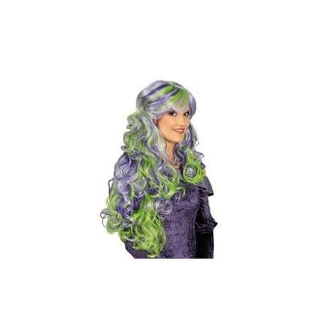 LONGUE PERRUQUE BOUCLE MECHE VERTE ET VIOLETTE