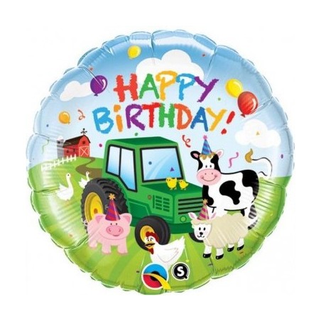 BALLON METALLIQUE ROND LA FERME HAPPY BIRTHDAY 46CM