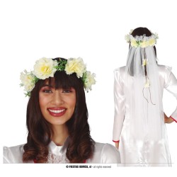 COURONNE OU TIARE FLEURS BLANCHES AVEC VOILE