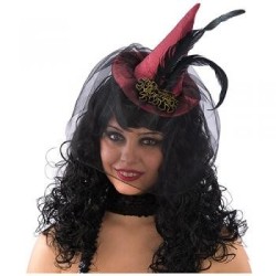 PETIT CHAPEAU DE SORCIERE BORDEAU AVEC PLUMES ET VOILE
