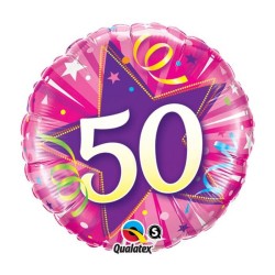 BALLON METALLIQUE ANNIVERSAIRE CHIFFRE 50 ROSE ET VIOLET 46 CM