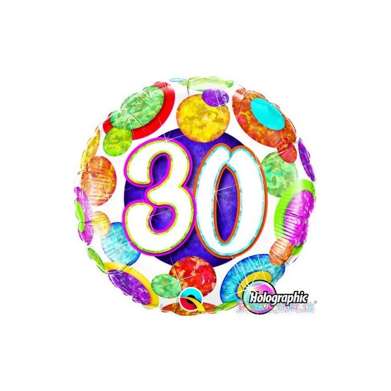 BALLON METALLIQUE ANNIVERSAIRE CHIFFRE 30 MULTICOLORE 46 CM