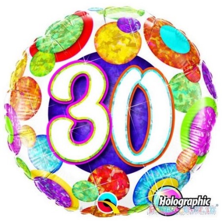 BALLON METALLIQUE ANNIVERSAIRE CHIFFRE 30 MULTICOLORE 46 CM