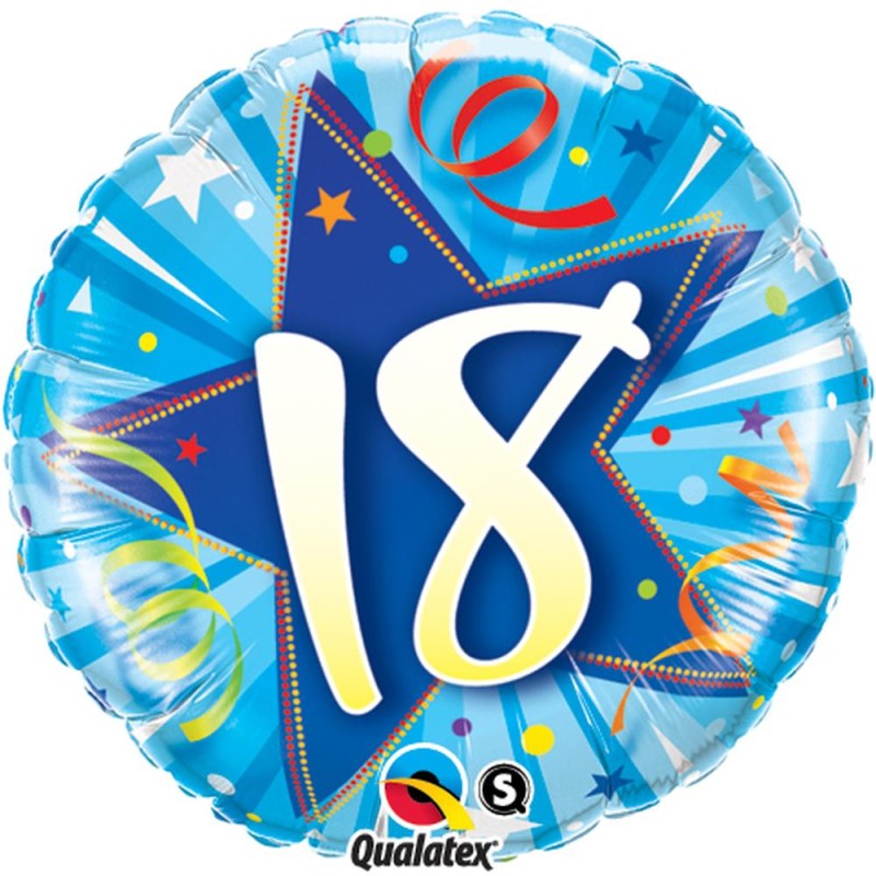 BALLON ROND METALLIQUE ANNIVERSAIRE CHIFFRE 18 BLEU  46 CM