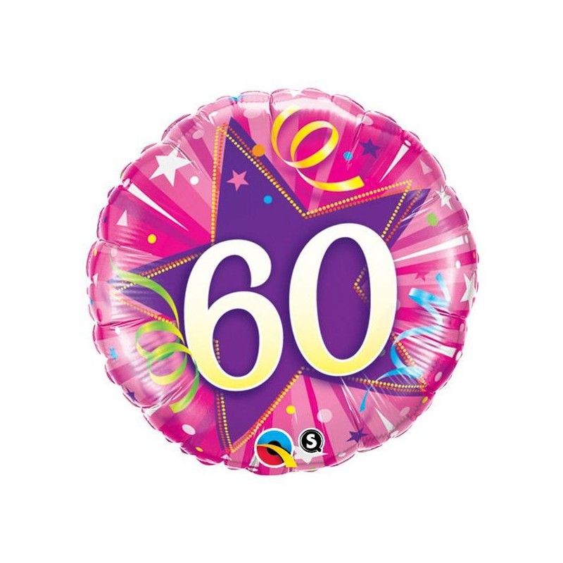 BALLON METALLIQUE ANNIVERSAIRE CHIFFRE 60 ROSE ET VIOLET 46 CM