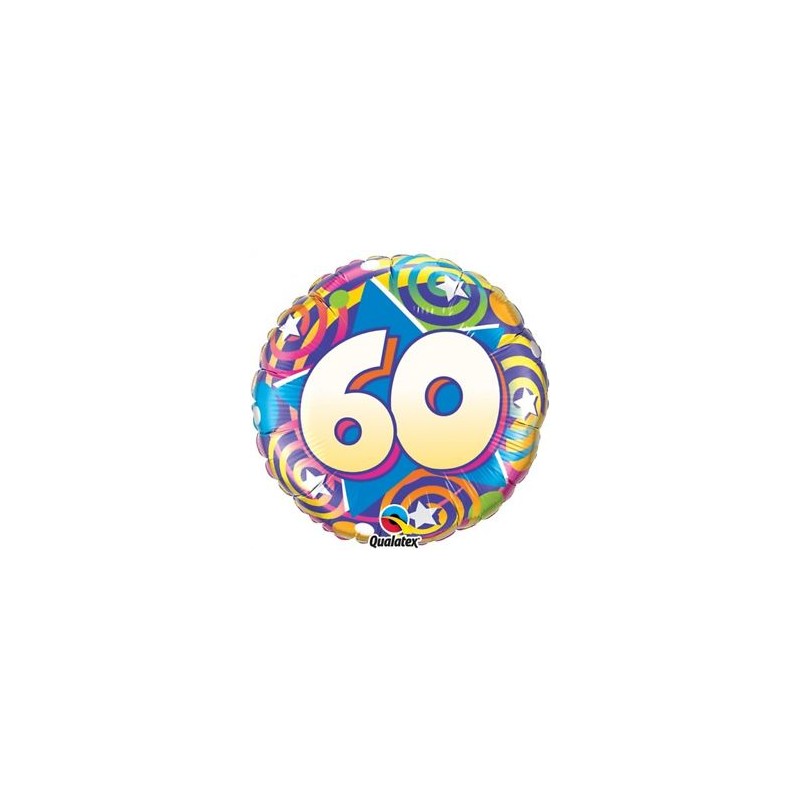 BALLON METALLIQUE ROND ANNIVERSAIRE 60 ANS MULTICOLORE ETOILE 46 CM