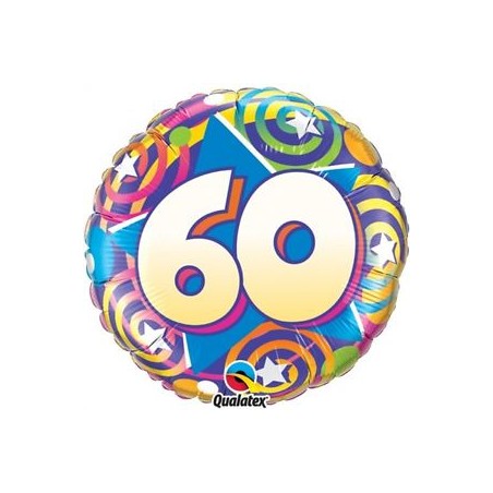 BALLON METALLIQUE ROND ANNIVERSAIRE 60 ANS MULTICOLORE ETOILE 46 CM