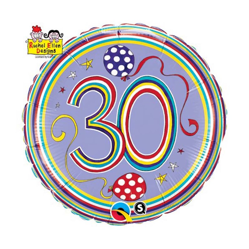 BALLON METALLIQUE ROND RACHEL ANNIVERSAIRE 30 ANS MULTICOLORE 46 CM