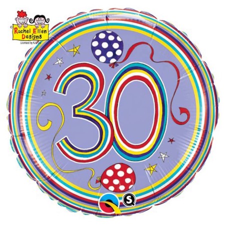 BALLON METALLIQUE ROND RACHEL ANNIVERSAIRE 30 ANS MULTICOLORE 46 CM