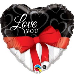 BALLON METALLIQUE COEUR LOVE YOU NOIR ET BLANC NOEUD ROUGE 91 CM