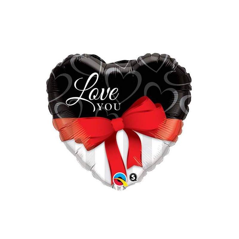 BALLON METALLIQUE COEUR LOVE YOU NOIR ET BLANC NOEUD ROUGE 91 CM