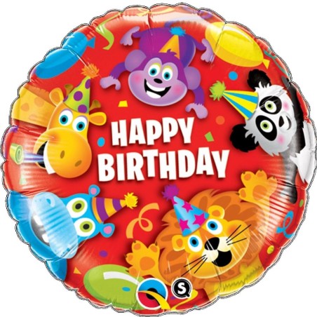 BALLON METALLIQUE ROND HAPPY BIRTHDAY ANIMAUX DE LA JUNGLE 46 CM