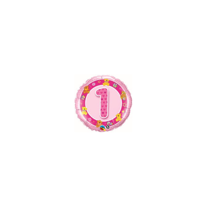 BALLON METALLIQUE ROND 1 AN ROSE TEDDIES 46 CM