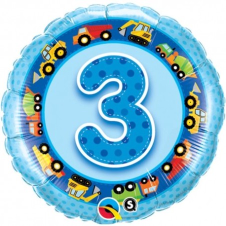 BALLON METALLIQUE ROND 3 ANS BLEU CAMION 46 CM