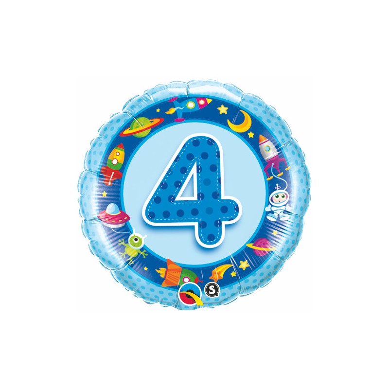 BALLON METALLIQUE ROND 4 ANS BLEU ESPACE 46 CM