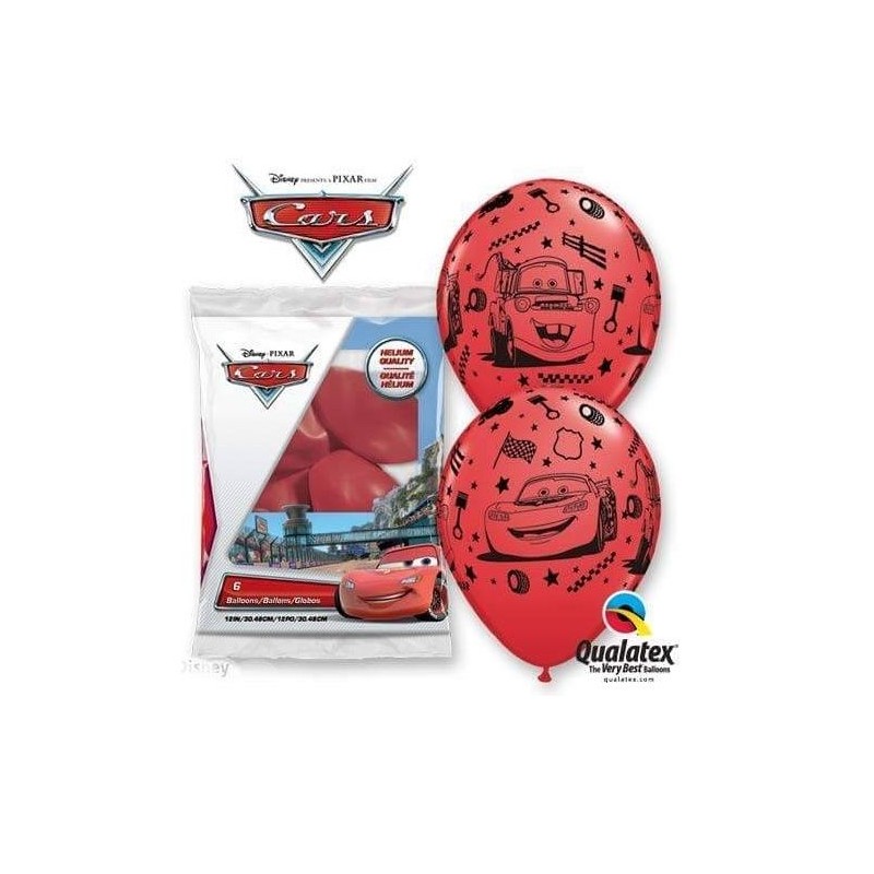 6 BALLONS QUALATEX ROUGE IMPRIMES CARS 12"