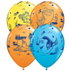 25 BALLONS QUALATEX IMPRIMES DORY ET NEMO JAUNE BLEU ORANGE ASSORTIS