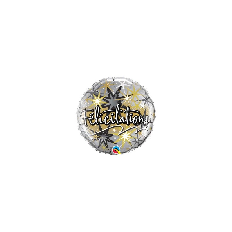 BALLON METALLIQUE ROND FELICITATIONS NOIR ET ARGENT 46CM