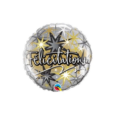 BALLON METALLIQUE ROND FELICITATIONS NOIR ET ARGENT 46CM