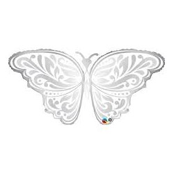 BALLON METALLIQUE PAPILLON ARGENT ET BLANC 112 CM