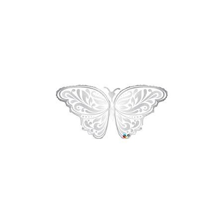 BALLON METALLIQUE PAPILLON ARGENT ET BLANC 112 CM