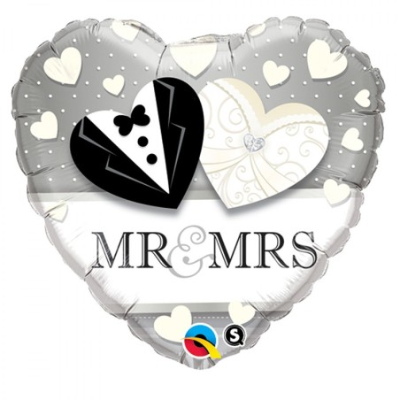 BALLON METALLIQUE COEUR MR ET MRS WEDDING BLANC NOIR ET ARGENT 46 CM