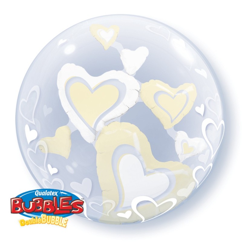 BALLON DOUBLE BUBBLES COEUR BLANC ET IVOIRE DIAMETRE 61 CM