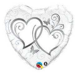 BALLON METALLIQUE COEUR ARGENT ET BLANC 91 CM