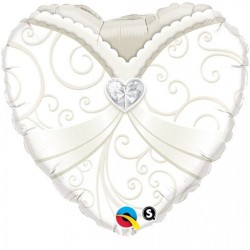 BALLON METALLIQUE COEUR BLANC ET ARGENT STRASS COEUR 46 CM