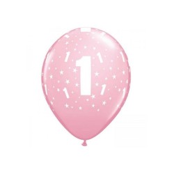 6 BALLONS QUALATEX IMPRIME ETOILES 11"  1 AN ROSE