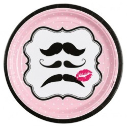 8 ASSIETTES MOUSTACHE SUR FOND ROSE 22,9 CM