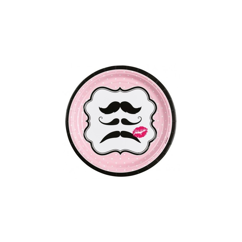 8 ASSIETTES MOUSTACHE SUR FOND ROSE 22,9 CM