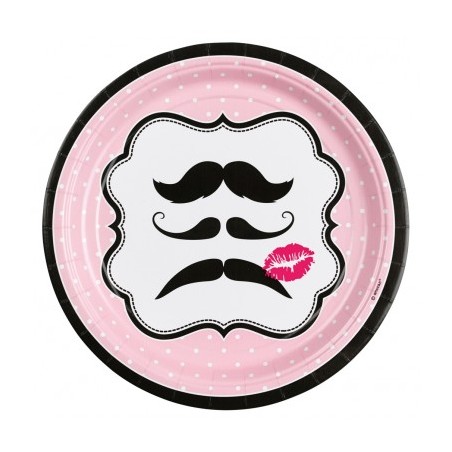 8 ASSIETTES MOUSTACHE SUR FOND ROSE 22,9 CM