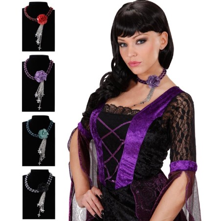 COLLIER GOTHIQUE  FLEUR + CROIX COULEURS ASSORTIES
