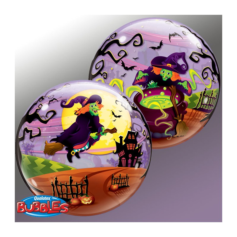 BALLON BUBBLES HALLOWEEN SORCIERE EN BALAI DIAMETRE 56 CM