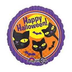 BALLON METALLIQUE ROND HAPPY HALLOWEEN CHATS 43 CM
