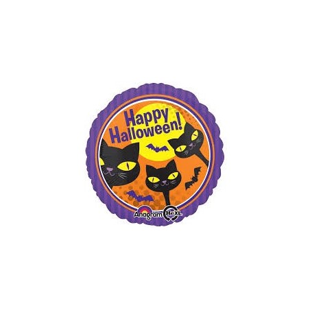 BALLON METALLIQUE ROND HAPPY HALLOWEEN CHATS 43 CM