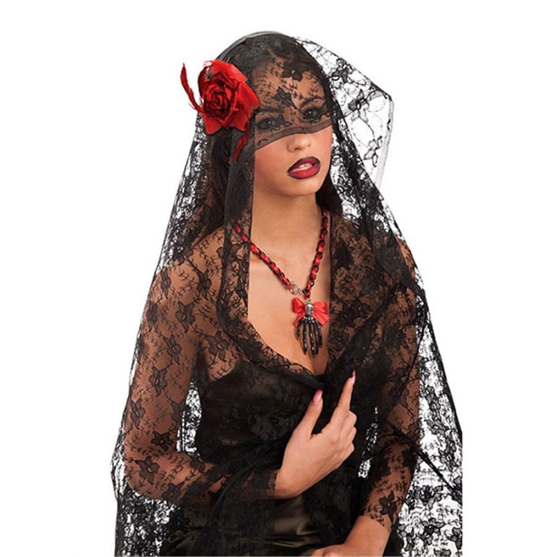 COIFFE VOILE DENTELLE NOIRE AVEC UNE ROSE ROUGE COIFFE VOILE DENTELLE NOIRE AVEC UNE ROSE ROUGE