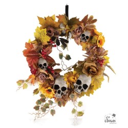 COURONNE DE PORTE HALLOWEEN FLEURS, ET FEUILLAGES ORANGE ET CRANES