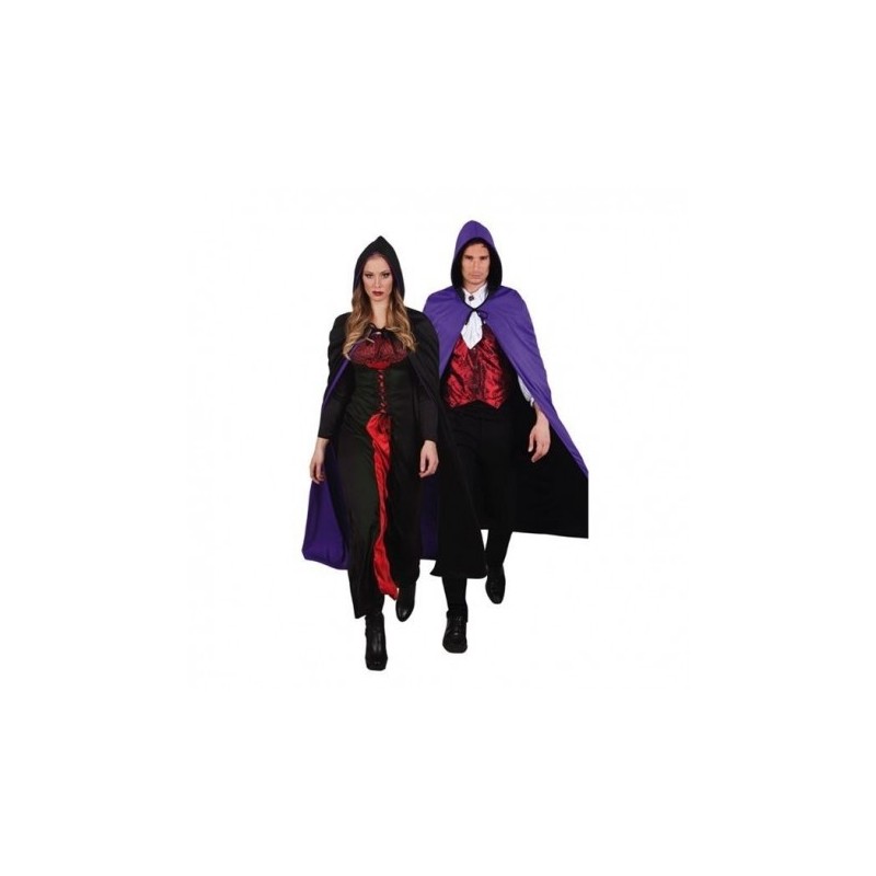 DEGUISEMENT CAPE LUXE REVERSIBLE DOUBLEE VIOLET ET NOIR AVEC CAPUCHE